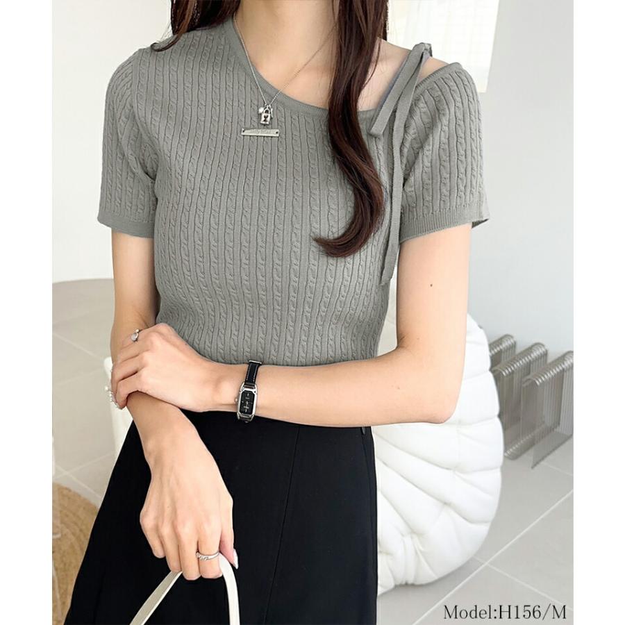【mily bilet】トップス ニット レディース 高見え デザイン ロゴ プレート 付き 肩 リボン ケーブル柄 サマーニット 半袖 オフショルダー | classicalelf | 09