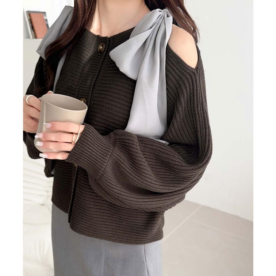 【mily bilet】 トップス カーディガン レディース 肩 シフォン リボン マルチウェイ ニットカーデ 長袖 ショート丈 ラグラン ボリュームスリーブ | classicalelf | 11