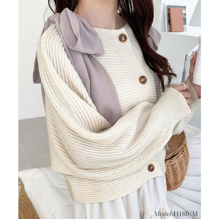 【mily bilet】 トップス カーディガン レディース 肩 シフォン リボン マルチウェイ ニットカーデ 長袖 ショート丈 ラグラン ボリュームスリーブ | classicalelf | 03