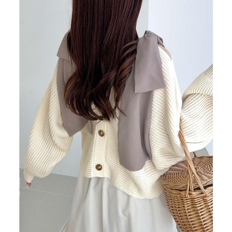 【mily bilet】 トップス カーディガン レディース 肩 シフォン リボン マルチウェイ ニットカーデ 長袖 ショート丈 ラグラン ボリュームスリーブ | classicalelf | 07