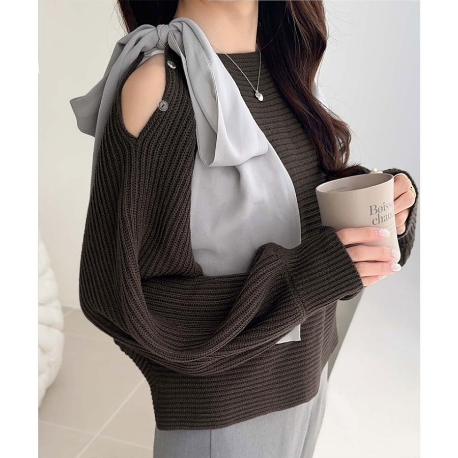 【mily bilet】 トップス カーディガン レディース 肩 シフォン リボン マルチウェイ ニットカーデ 長袖 ショート丈 ラグラン ボリュームスリーブ | classicalelf | 09