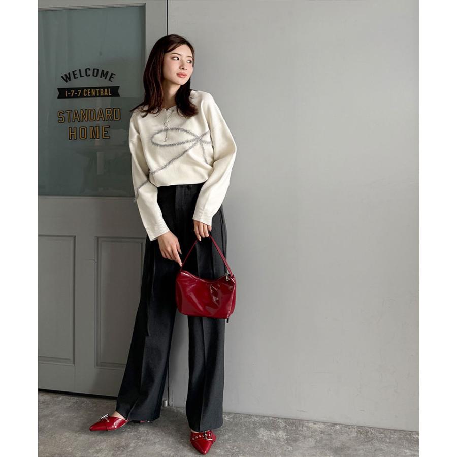 【mily bilet】トップス 秋 長袖 レディース ニット リボン フェザー 手描き風 コード刺繍 ロゴプレート 長袖 おしゃれ オーバーサイズ 大きいサイズ | classicalelf | 12