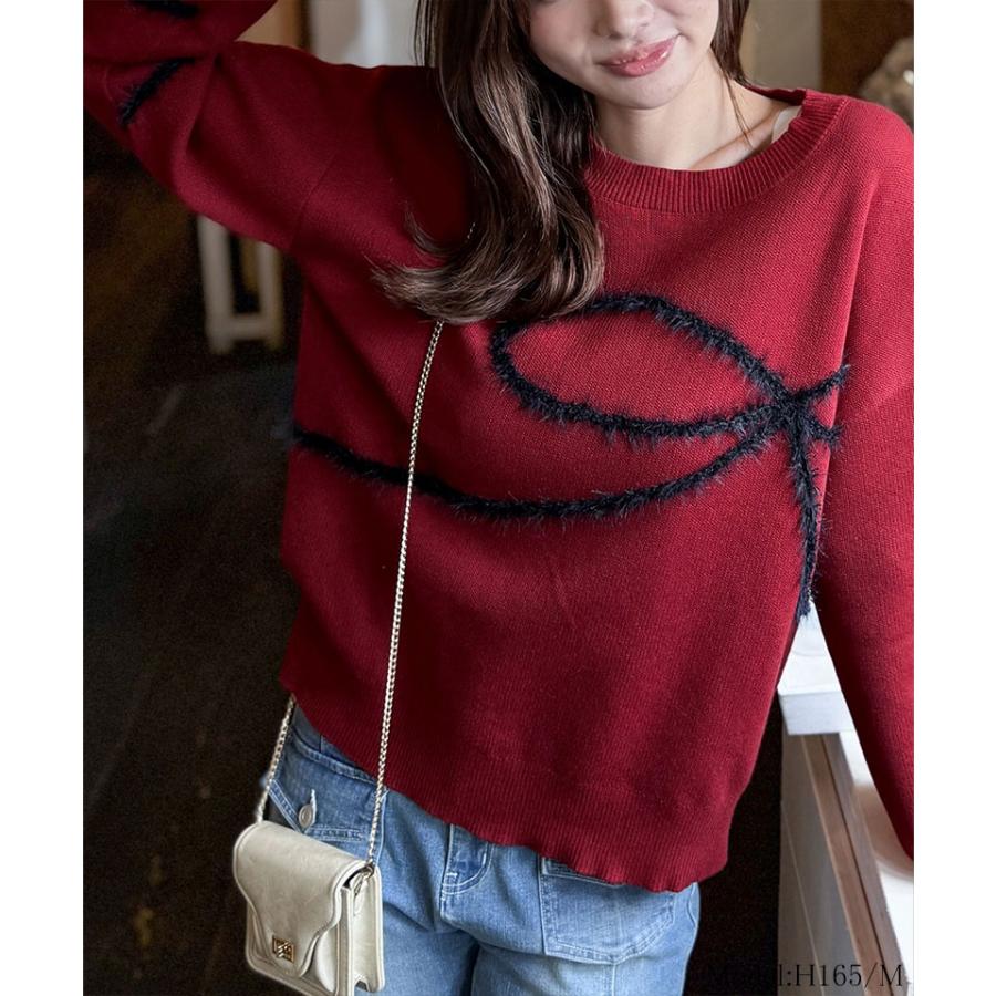 【mily bilet】トップス 秋 長袖 レディース ニット リボン フェザー 手描き風 コード刺繍 ロゴプレート 長袖 おしゃれ オーバーサイズ 大きいサイズ | classicalelf | 14