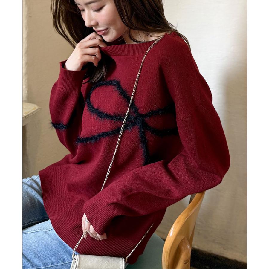 【mily bilet】トップス 秋 長袖 レディース ニット リボン フェザー 手描き風 コード刺繍 ロゴプレート 長袖 おしゃれ オーバーサイズ 大きいサイズ | classicalelf | 15