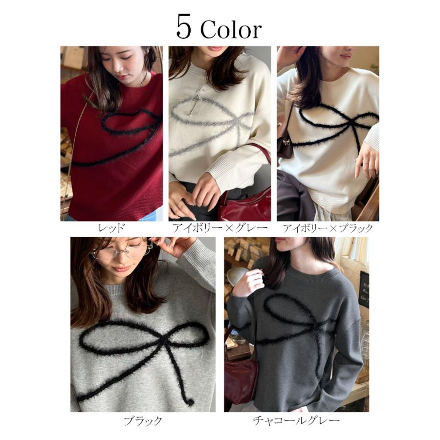 【mily bilet】トップス 秋 長袖 レディース ニット リボン フェザー 手描き風 コード刺繍 ロゴプレート 長袖 おしゃれ オーバーサイズ 大きいサイズ | classicalelf | 01