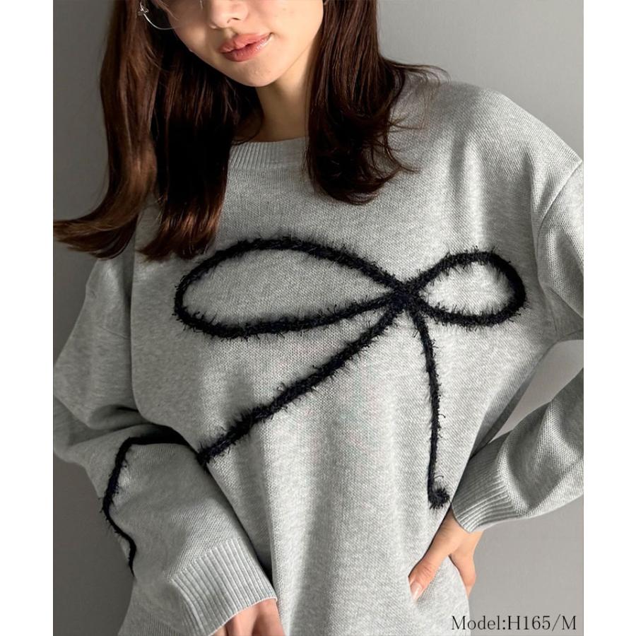 【mily bilet】トップス 秋 長袖 レディース ニット リボン フェザー 手描き風 コード刺繍 ロゴプレート 長袖 おしゃれ オーバーサイズ 大きいサイズ | classicalelf | 05