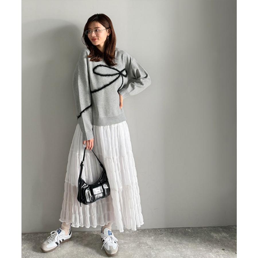 【mily bilet】トップス 秋 長袖 レディース ニット リボン フェザー 手描き風 コード刺繍 ロゴプレート 長袖 おしゃれ オーバーサイズ 大きいサイズ | classicalelf | 06