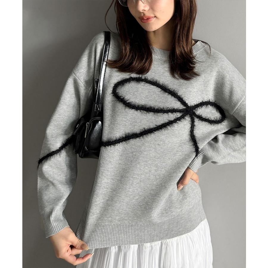 【mily bilet】トップス 秋 長袖 レディース ニット リボン フェザー 手描き風 コード刺繍 ロゴプレート 長袖 おしゃれ オーバーサイズ 大きいサイズ | classicalelf | 07