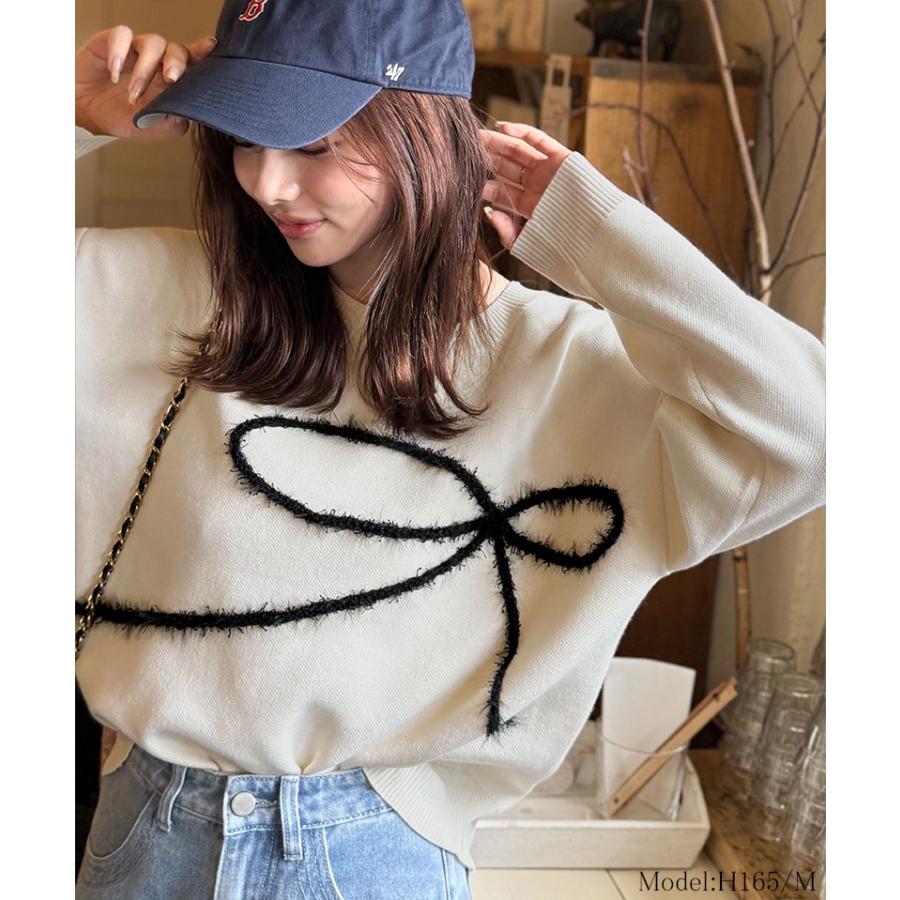 【mily bilet】トップス 秋 長袖 レディース ニット リボン フェザー 手描き風 コード刺繍 ロゴプレート 長袖 おしゃれ オーバーサイズ 大きいサイズ | classicalelf | 08