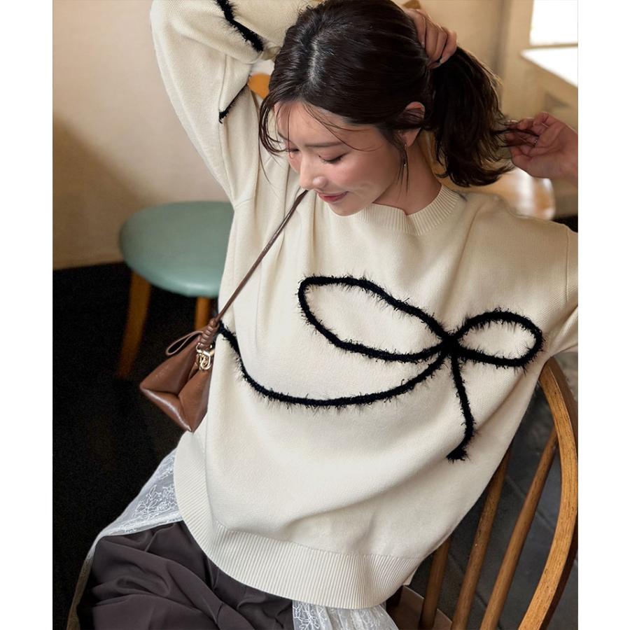 【mily bilet】トップス 秋 長袖 レディース ニット リボン フェザー 手描き風 コード刺繍 ロゴプレート 長袖 おしゃれ オーバーサイズ 大きいサイズ | classicalelf | 09