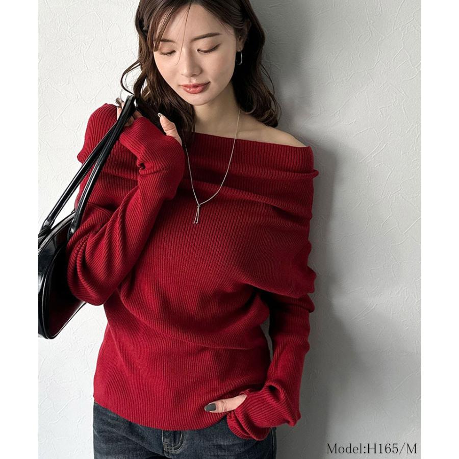 【mily bilet】トップス ニット レディース 長袖 オフショル 2WAY リブニット 指穴ドレープ 立体的 オフショル ワンショル ボートネック 華やか シーズンレス | classicalelf | 13