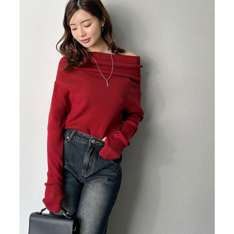 【mily bilet】トップス ニット レディース 長袖 オフショル 2WAY リブニット 指穴ドレープ 立体的 オフショル ワンショル ボートネック 華やか シーズンレス | classicalelf | 14