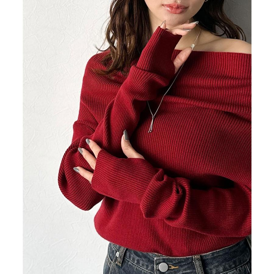 【mily bilet】トップス ニット レディース 長袖 オフショル 2WAY リブニット 指穴ドレープ 立体的 オフショル ワンショル ボートネック 華やか シーズンレス | classicalelf | 15