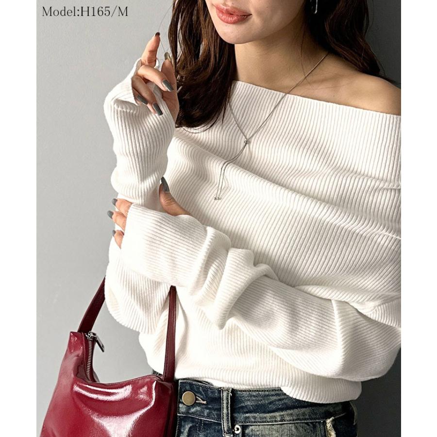 【mily bilet】トップス ニット レディース 長袖 オフショル 2WAY リブニット 指穴ドレープ 立体的 オフショル ワンショル ボートネック 華やか シーズンレス | classicalelf | 02