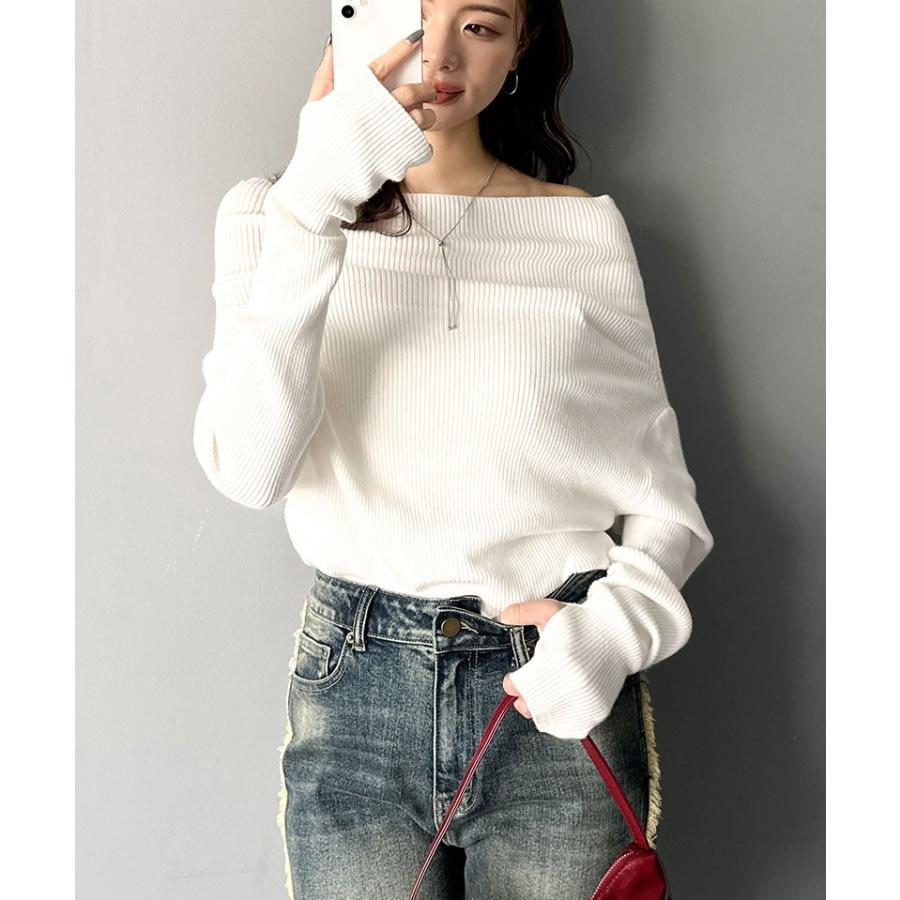 【mily bilet】トップス ニット レディース 長袖 オフショル 2WAY リブニット 指穴ドレープ 立体的 オフショル ワンショル ボートネック 華やか シーズンレス | classicalelf | 03