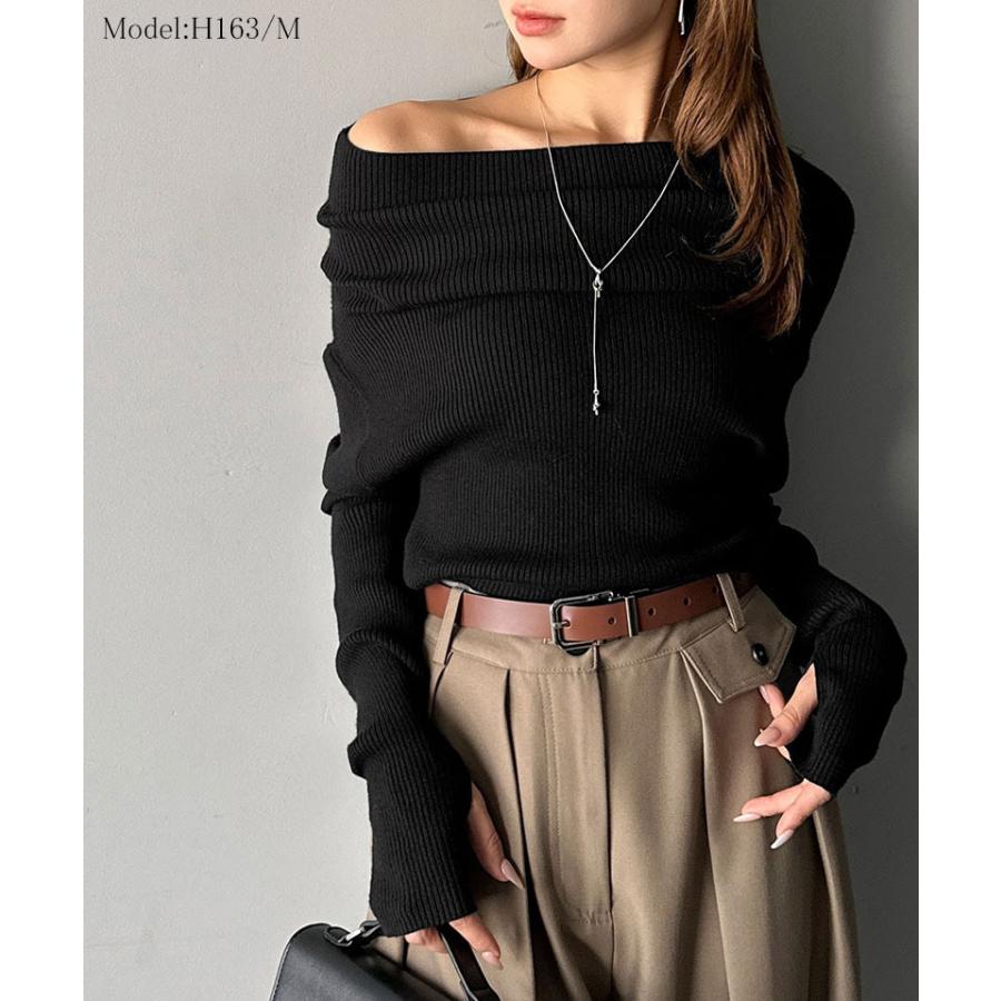 【mily bilet】トップス ニット レディース 長袖 オフショル 2WAY リブニット 指穴ドレープ 立体的 オフショル ワンショル ボートネック 華やか シーズンレス | classicalelf | 05