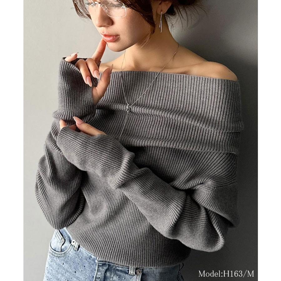 【mily bilet】トップス ニット レディース 長袖 オフショル 2WAY リブニット 指穴ドレープ 立体的 オフショル ワンショル ボートネック 華やか シーズンレス | classicalelf | 08