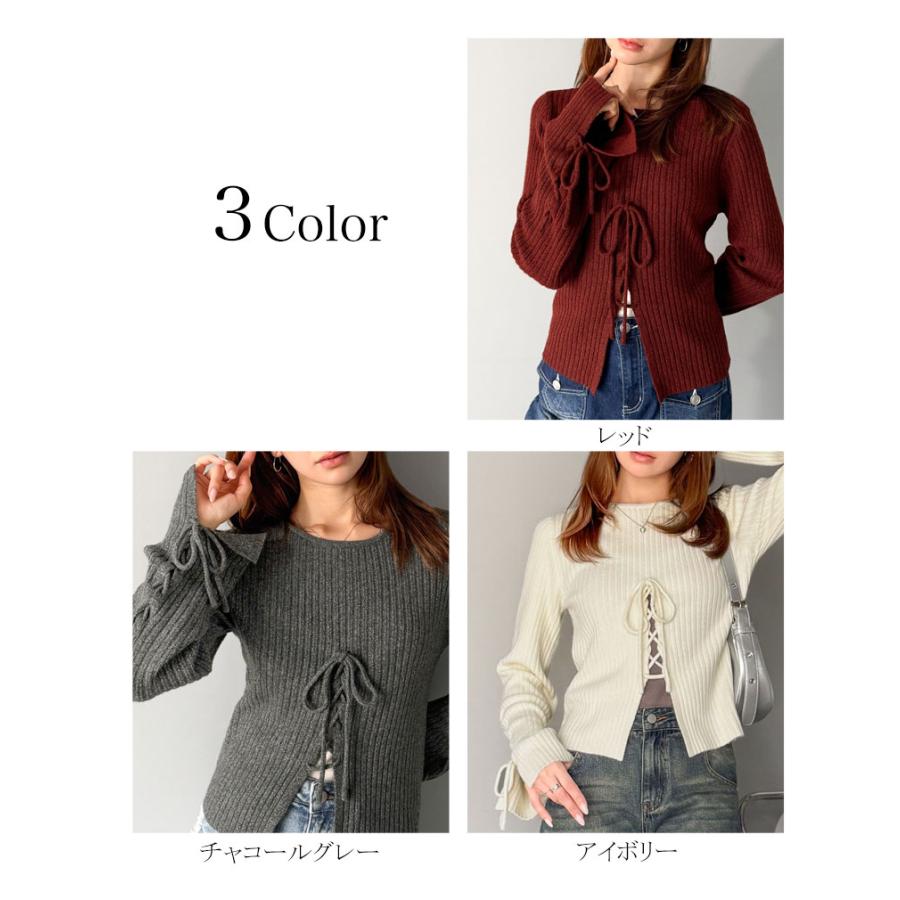 【mily bilet】トップス ニット レディース リボン ディテール 前後 2way レースアップ デザイン プルオーバー 長袖 シェル 風 ボタン 大きいサイズ | classicalelf | 01