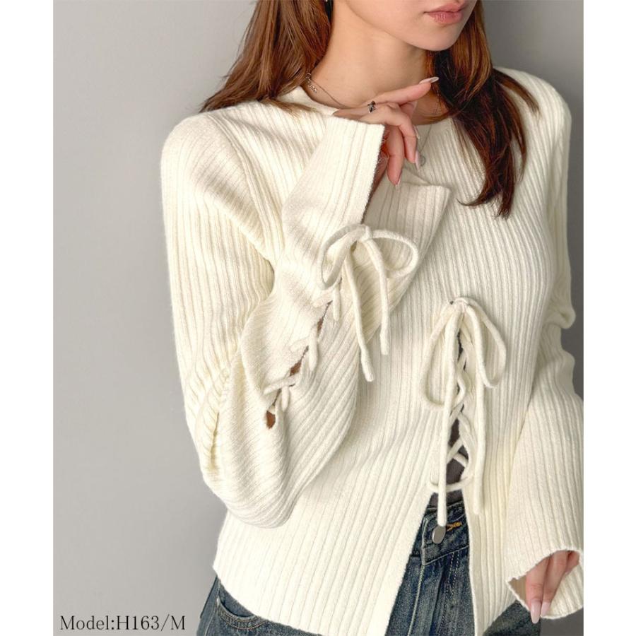 【mily bilet】トップス ニット レディース リボン ディテール 前後 2way レースアップ デザイン プルオーバー 長袖 シェル 風 ボタン 大きいサイズ | classicalelf | 02