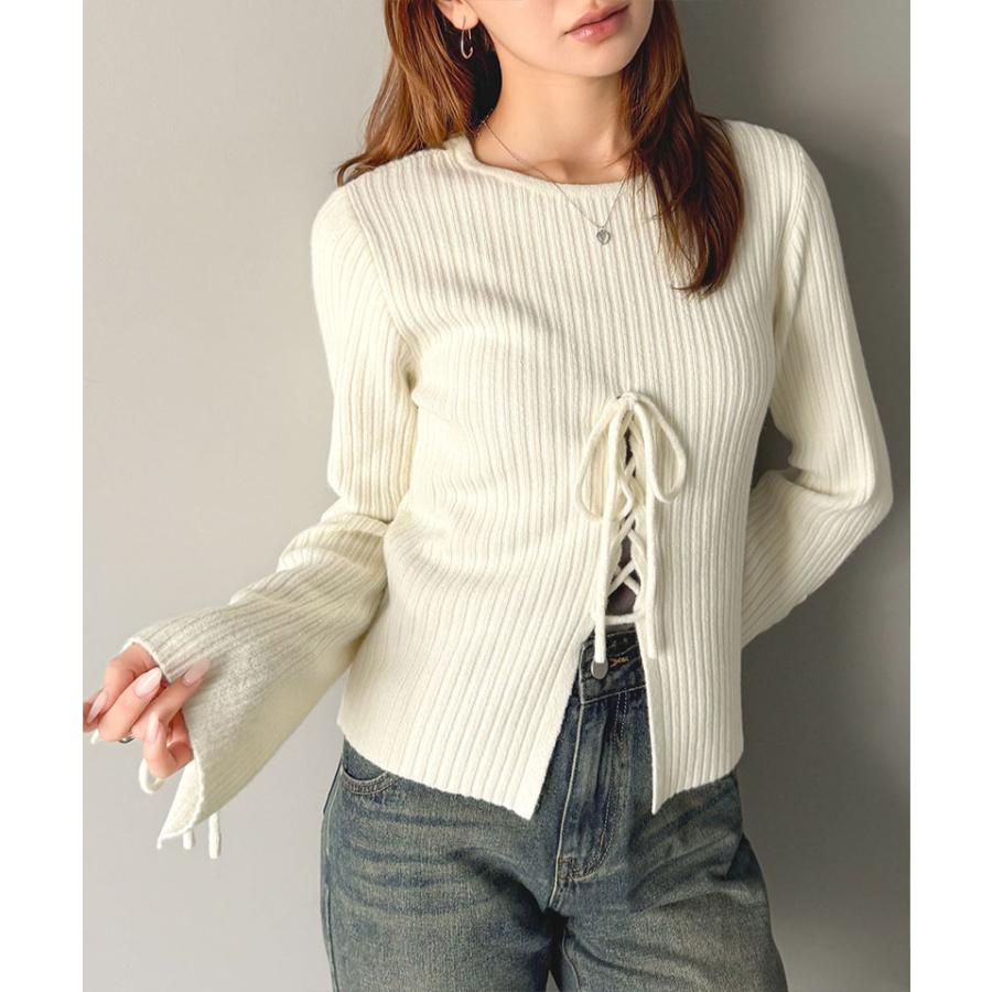 【mily bilet】トップス ニット レディース リボン ディテール 前後 2way レースアップ デザイン プルオーバー 長袖 シェル 風 ボタン 大きいサイズ | classicalelf | 03