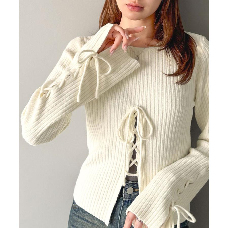 【mily bilet】トップス ニット レディース リボン ディテール 前後 2way レースアップ デザイン プルオーバー 長袖 シェル 風 ボタン 大きいサイズ | classicalelf | 04