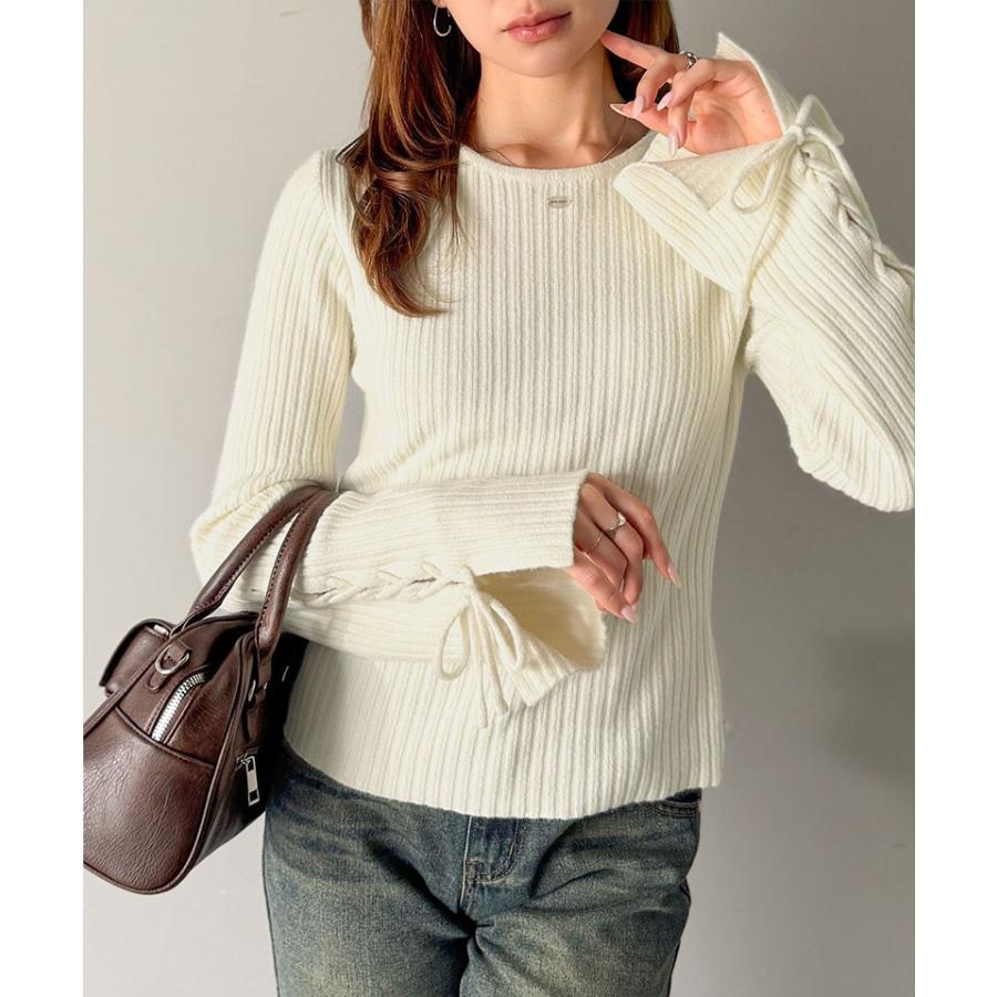 【mily bilet】トップス ニット レディース リボン ディテール 前後 2way レースアップ デザイン プルオーバー 長袖 シェル 風 ボタン 大きいサイズ | classicalelf | 06