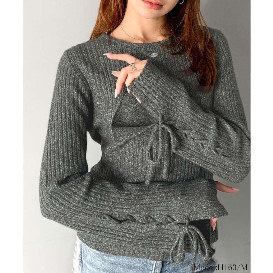 【mily bilet】トップス ニット レディース リボン ディテール 前後 2way レースアップ デザイン プルオーバー 長袖 シェル 風 ボタン 大きいサイズ | classicalelf | 07