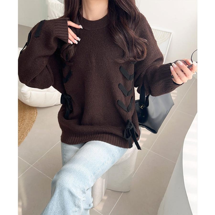 【mily bilet】トップス ニット レディース リボン デザイン ミックスニット レースアップ プルオーバー ルーズシルエット 大きいサイズ | classicalelf | 12