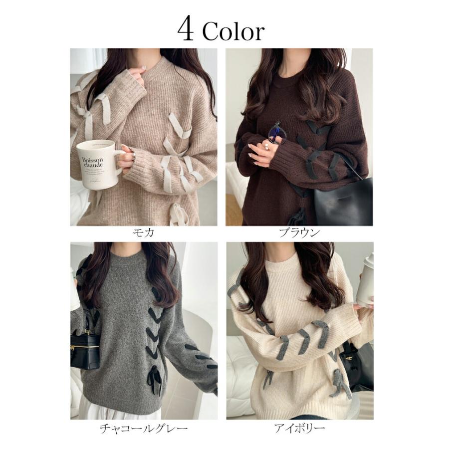 【mily bilet】トップス ニット レディース リボン デザイン ミックスニット レースアップ プルオーバー ルーズシルエット 大きいサイズ | classicalelf | 01