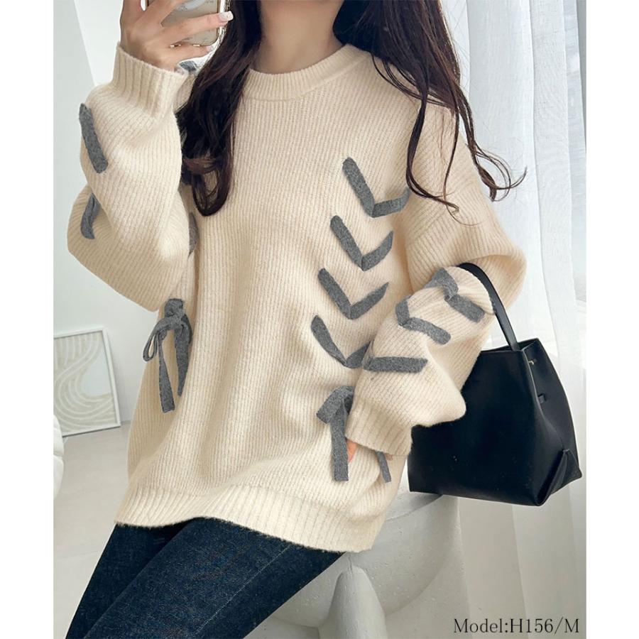 【mily bilet】トップス ニット レディース リボン デザイン ミックスニット レースアップ プルオーバー ルーズシルエット 大きいサイズ | classicalelf | 02
