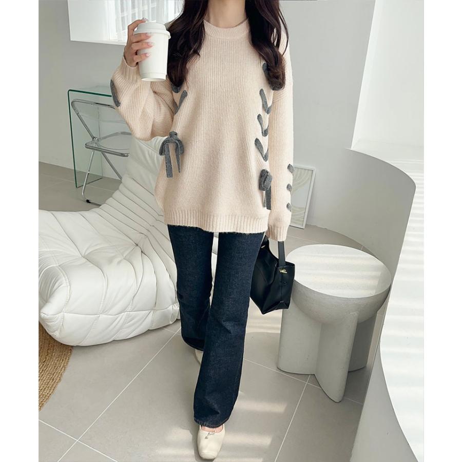 【mily bilet】トップス ニット レディース リボン デザイン ミックスニット レースアップ プルオーバー ルーズシルエット 大きいサイズ | classicalelf | 03