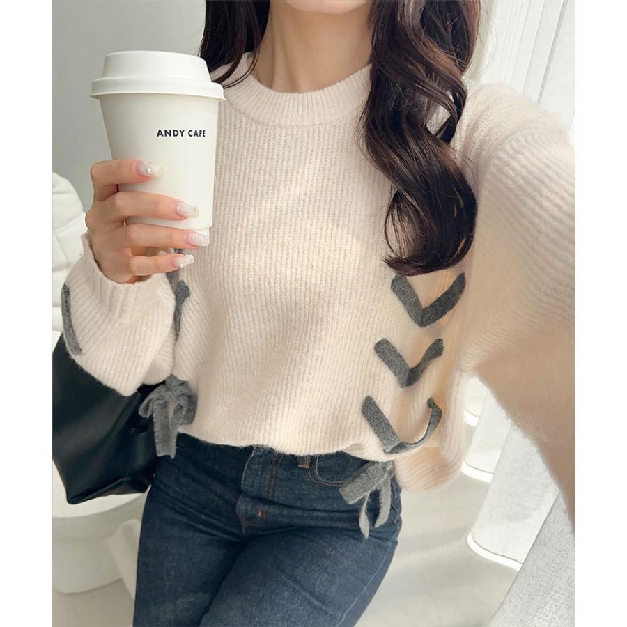 【mily bilet】トップス ニット レディース リボン デザイン ミックスニット レースアップ プルオーバー ルーズシルエット 大きいサイズ | classicalelf | 04