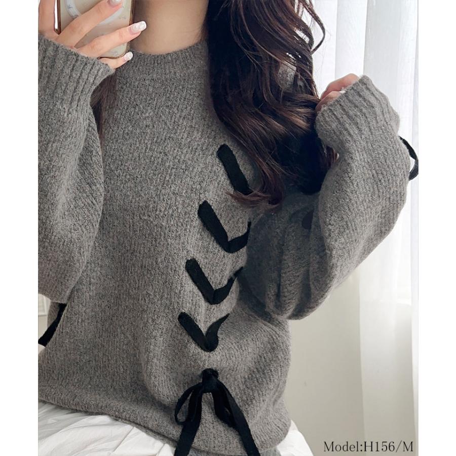 【mily bilet】トップス ニット レディース リボン デザイン ミックスニット レースアップ プルオーバー ルーズシルエット 大きいサイズ | classicalelf | 06