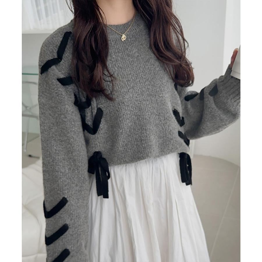 【mily bilet】トップス ニット レディース リボン デザイン ミックスニット レースアップ プルオーバー ルーズシルエット 大きいサイズ | classicalelf | 07