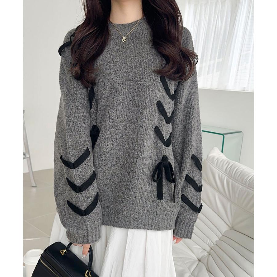 【mily bilet】トップス ニット レディース リボン デザイン ミックスニット レースアップ プルオーバー ルーズシルエット 大きいサイズ | classicalelf | 08