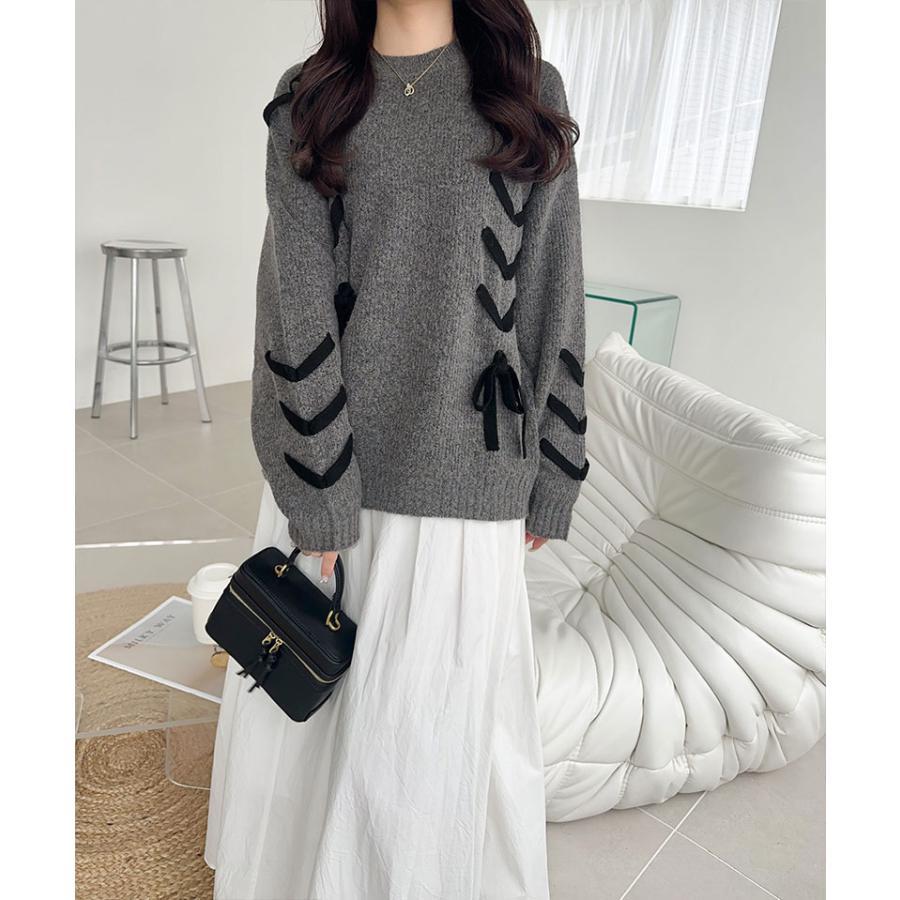 【mily bilet】トップス ニット レディース リボン デザイン ミックスニット レースアップ プルオーバー ルーズシルエット 大きいサイズ | classicalelf | 09