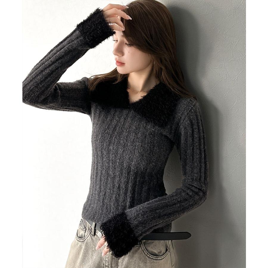 【mily bilet】ニット レディース 長袖 トップス 異素材 mix 配色 ファー 衿 リブニット プルオーバー おしゃれ かわいい もふもふ 大きいサイズ | classicalelf | 11