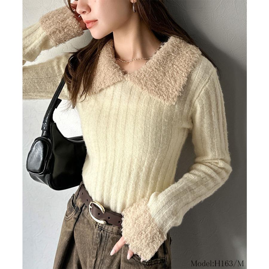 【mily bilet】ニット レディース 長袖 トップス 異素材 mix 配色 ファー 衿 リブニット プルオーバー おしゃれ かわいい もふもふ 大きいサイズ | classicalelf | 02