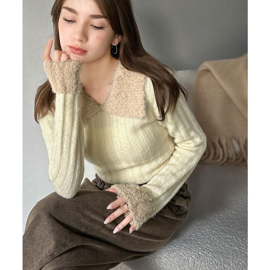 【mily bilet】ニット レディース 長袖 トップス 異素材 mix 配色 ファー 衿 リブニット プルオーバー おしゃれ かわいい もふもふ 大きいサイズ | classicalelf | 03