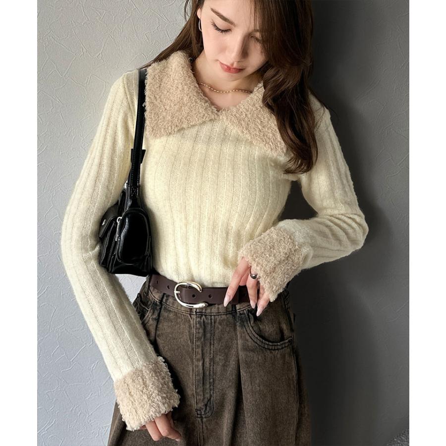 【mily bilet】ニット レディース 長袖 トップス 異素材 mix 配色 ファー 衿 リブニット プルオーバー おしゃれ かわいい もふもふ 大きいサイズ | classicalelf | 04