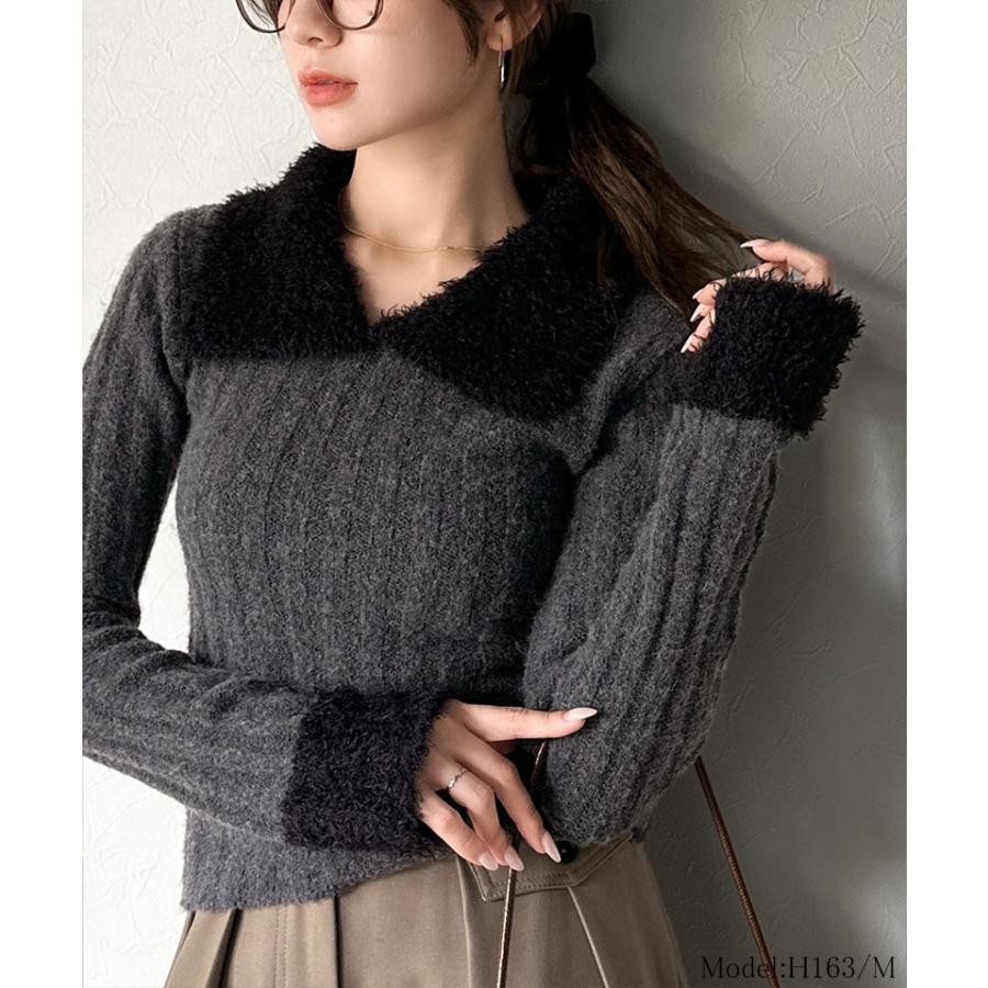 【mily bilet】ニット レディース 長袖 トップス 異素材 mix 配色 ファー 衿 リブニット プルオーバー おしゃれ かわいい もふもふ 大きいサイズ | classicalelf | 07