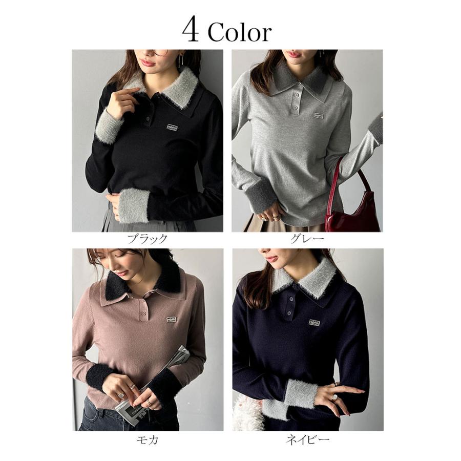 【mily bilet】トップス ポロシャツ レディース ニット ファー ブル襟 ロゴプレート 上品 カジュアル 柔らか 可愛い ニットポロ シンプル カジュアル | classicalelf | 01