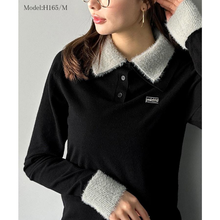 【mily bilet】トップス ポロシャツ レディース ニット ファー ブル襟 ロゴプレート 上品 カジュアル 柔らか 可愛い ニットポロ シンプル カジュアル | classicalelf | 02