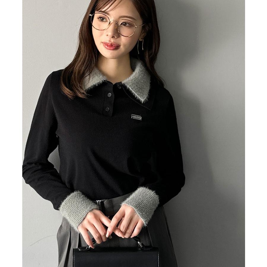 【mily bilet】トップス ポロシャツ レディース ニット ファー ブル襟 ロゴプレート 上品 カジュアル 柔らか 可愛い ニットポロ シンプル カジュアル | classicalelf | 03