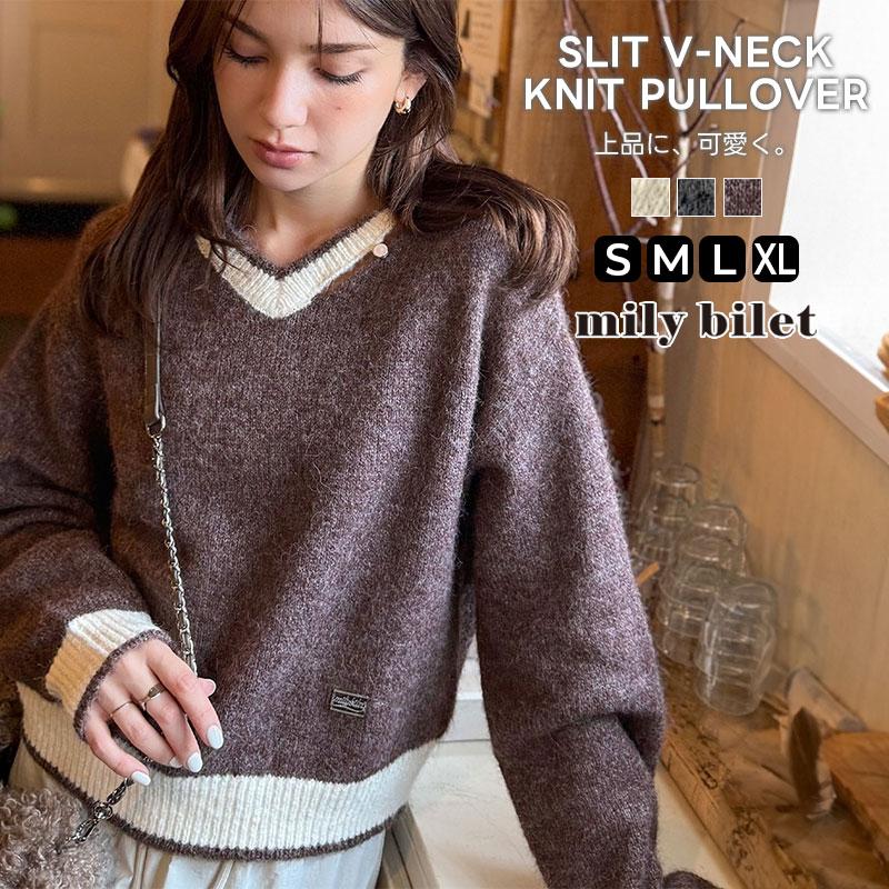 【mily bilet】トップス ニット レディース 長袖 プルオーバー Vネック 長袖 スリット ロゴプレート 上品 可愛く トレンド感 ふんわり 起毛感 スポーティ | classicalelf