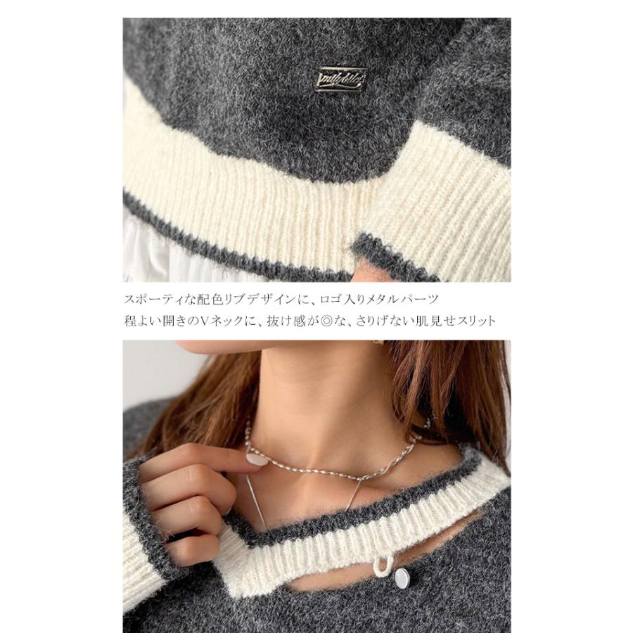 【mily bilet】トップス ニット レディース 長袖 プルオーバー Vネック 長袖 スリット ロゴプレート 上品 可愛く トレンド感 ふんわり 起毛感 スポーティ | classicalelf | 16