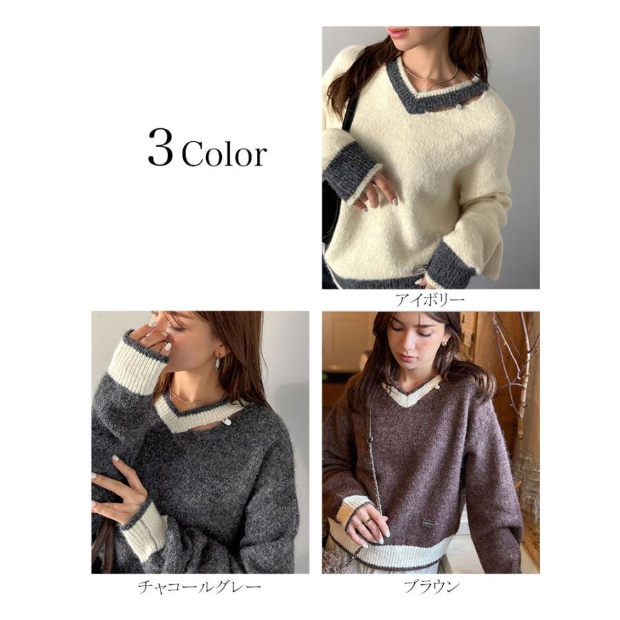 【mily bilet】トップス ニット レディース 長袖 プルオーバー Vネック 長袖 スリット ロゴプレート 上品 可愛く トレンド感 ふんわり 起毛感 スポーティ | classicalelf | 01