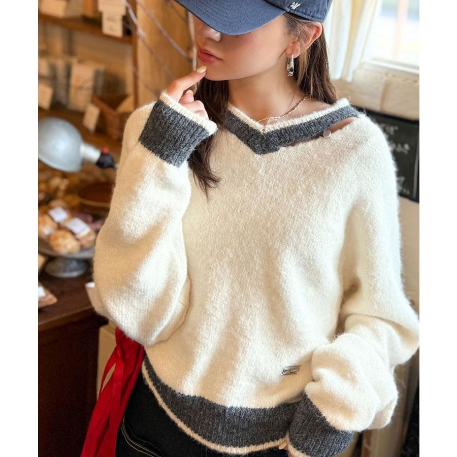 【mily bilet】トップス ニット レディース 長袖 プルオーバー Vネック 長袖 スリット ロゴプレート 上品 可愛く トレンド感 ふんわり 起毛感 スポーティ | classicalelf | 03