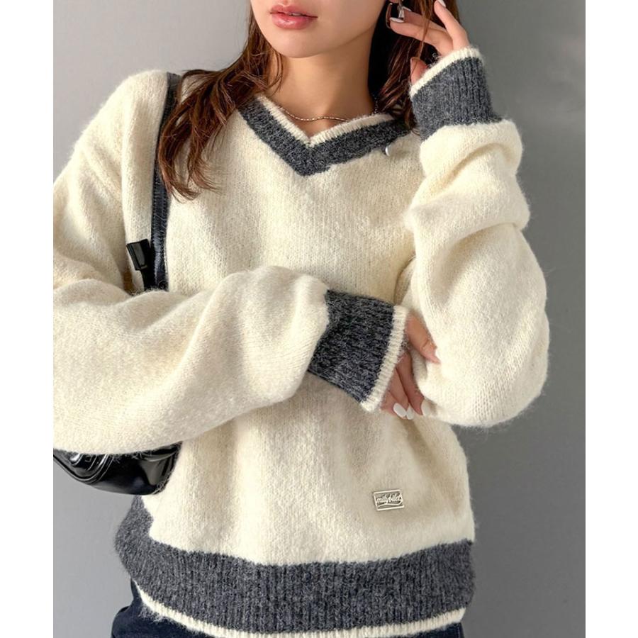 【mily bilet】トップス ニット レディース 長袖 プルオーバー Vネック 長袖 スリット ロゴプレート 上品 可愛く トレンド感 ふんわり 起毛感 スポーティ | classicalelf | 05