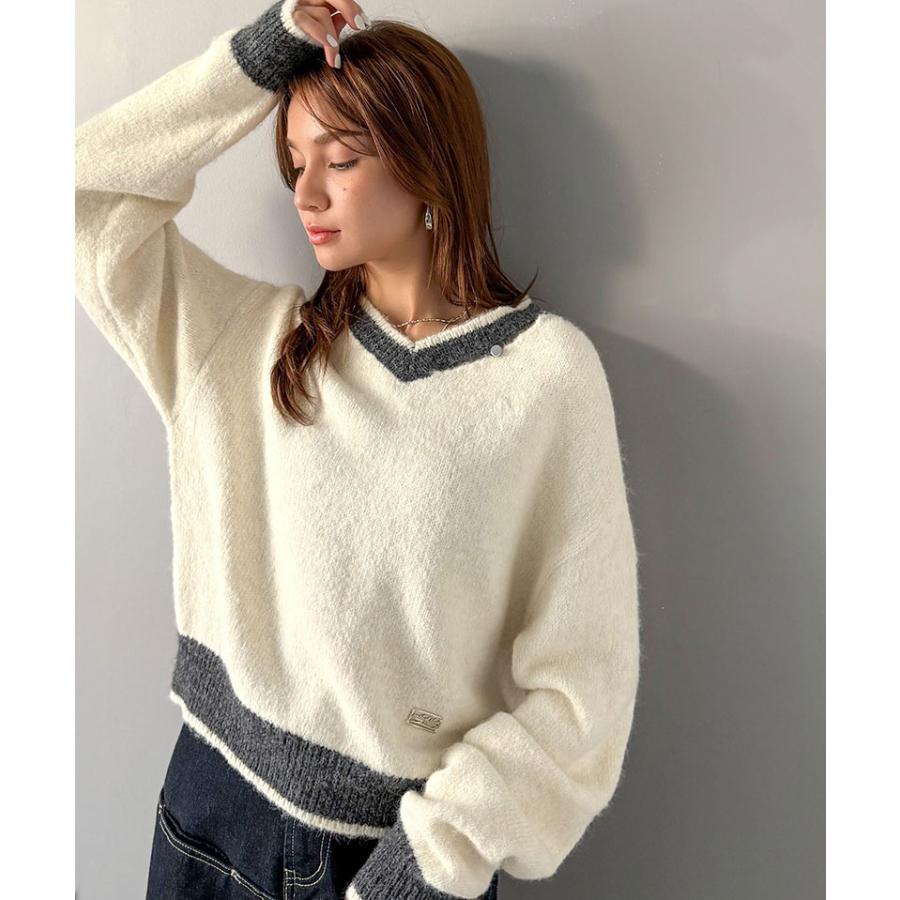 【mily bilet】トップス ニット レディース 長袖 プルオーバー Vネック 長袖 スリット ロゴプレート 上品 可愛く トレンド感 ふんわり 起毛感 スポーティ | classicalelf | 06